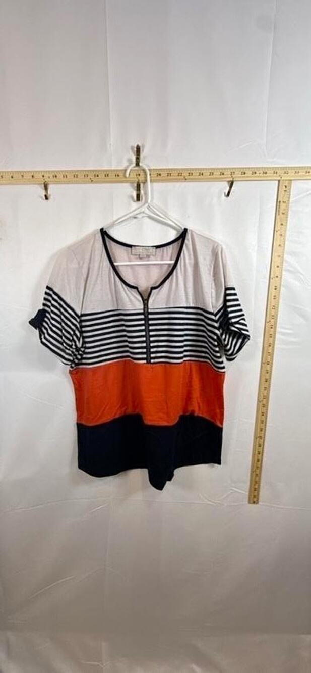 Carolyn Taylor Womens XL Top Orange Navy Striped Colorblock Zipper Neck Shirt